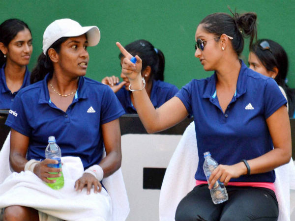Sania Mirza with Prarthana Thombare during the 4th day of the Fed Cup at LB stadium, Hyderabad Sania Mirza with Prarthana Thombare during the 4th day of the Fed Cup at LB stadium, Hyderabad