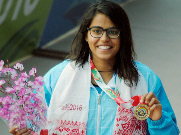 File photo: Indian swimmer Shivani Kataria shows her gold medal that she wom in women's 200-metre freestyle event at the 12th South Asian Games at Zakir Hussain Indoor Stadium in Guwahati. File photo: Indian swimmer Shivani Kataria shows her gold medal that she wom in women's 200-metre freestyle event at the 12th South Asian Games at Zakir Hussain Indoor Stadium in Guwahati.