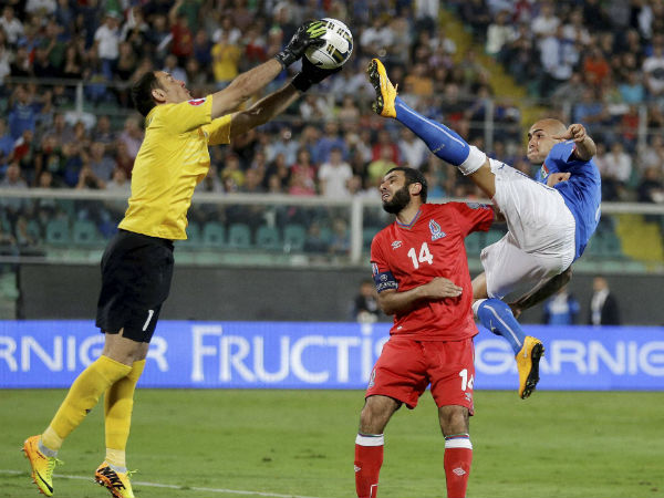Italy’s Simone Zaza, right, vies for the ball with Azerbaijan goalkeeper Kamran Agayev, left, as Azerbaijan’s Rashad Sadygov tries to stop him during the Euro 2016 qualifying soccer match between Italy and Azerbaijan, at the La Favorita stadium, in Palermo, Italy, Friday, Oct. 10, 2014. Italy’s Simone Zaza, right, vies for the ball with Azerbaijan goalkeeper Kamran Agayev, left, as Azerbaijan’s Rashad Sadygov tries to stop him during the Euro 2016 qualifying soccer match between Italy and Azerbaijan, at the La Favorita stadium, in Palermo, Italy, Friday, Oct. 10, 2014.