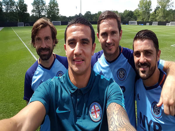 Tim Cahill (front) poses with Andrea Pirlo (left), Frank Lampard (centre) and David Villa (right) Tim Cahill (front) poses with Andrea Pirlo (left), Frank Lampard (centre) and David Villa (right)