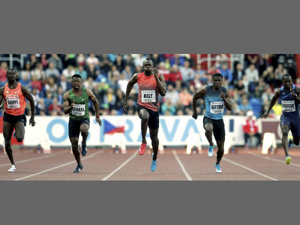 Usain Bolt (centre) competes during the men's 100 meters event at the Golden Spike athletic meeting in Ostrava Usain Bolt (centre) competes during the men's 100 meters event at the Golden Spike athletic meeting in Ostrava