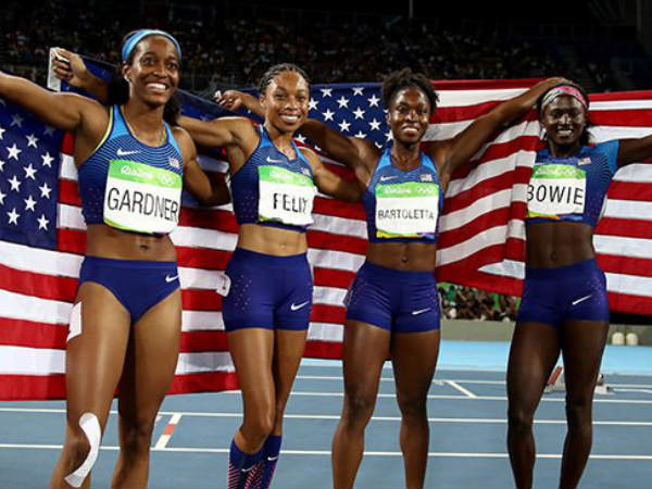 USA women's team celebrates after winning 4x100m relay gold (Image courtesy: US Olympic Team Twitter handle) USA women's team celebrates after winning 4x100m relay gold (Image courtesy: US Olympic Team Twitter handle)