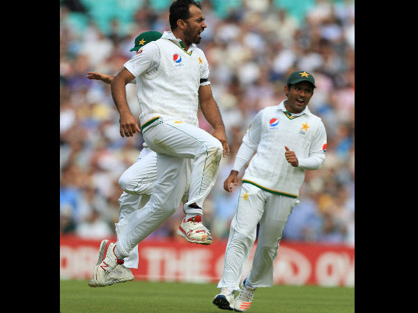 Pakistan's Wahab Riaz, left, celebrates taking the wicket of England's James Vince for 1, during day one of the Fourth Test match between England and Pakistan at The Oval in London. Pakistan's Wahab Riaz, left, celebrates taking the wicket of England's James Vince for 1, during day one of the Fourth Test match between England and Pakistan at The Oval in London.