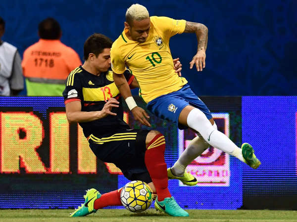 Neymar (right) tackled by Colombian defender (Image courtesy: FIFA World Cup Twitter handle) Neymar (right) tackled by Colombian defender (Image courtesy: FIFA World Cup Twitter handle)