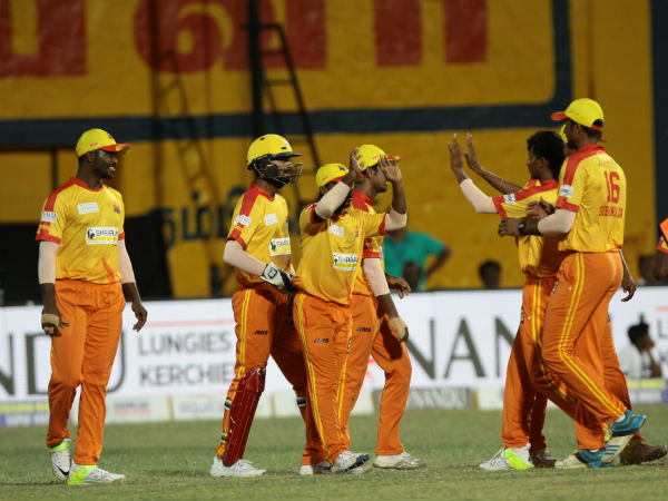 Dindigul Dragons' players celebrate a wicket against VB Thiruvallur Veerans Dindigul Dragons' players celebrate a wicket against VB Thiruvallur Veerans
