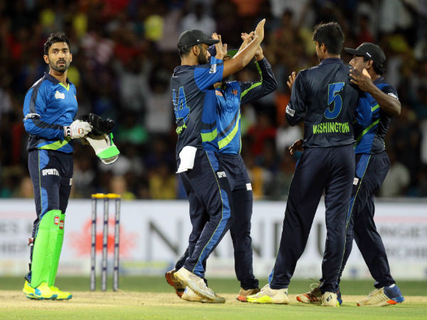 Albert Tuti Patriots' players celebrate a wicket during the TNPL semi-final Albert Tuti Patriots' players celebrate a wicket during the TNPL semi-final