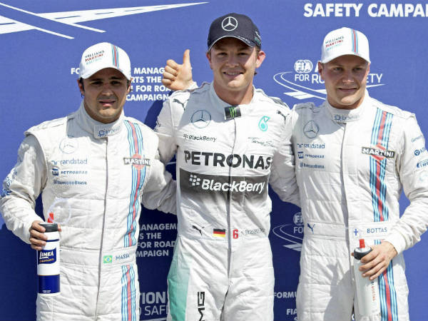 File photo: Williams' driver Felipe Massa, left, of Brazil, Mercedes driver Nico Rosberg, centre, of Germany and Williams' driver Valtteri Bottas of Finland pose for a picture File photo: Williams' driver Felipe Massa, left, of Brazil, Mercedes driver Nico Rosberg, centre, of Germany and Williams' driver Valtteri Bottas of Finland pose for a picture