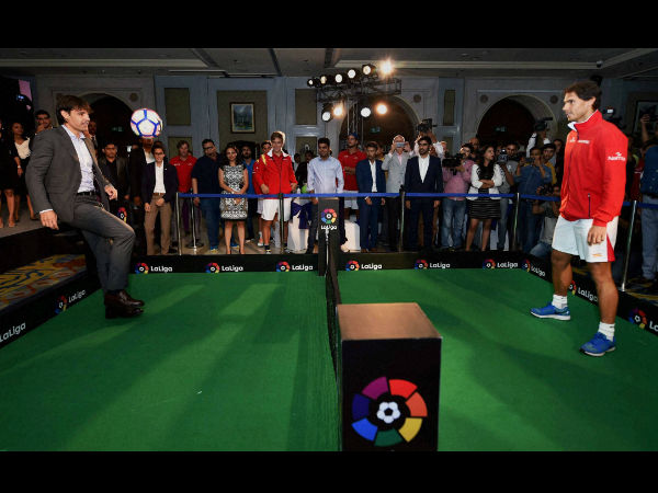 Spanish tennis player Rafel Nadal and LaLiga Ambassador Fernando Morientes playing tennis-football during a press conference to announce LaLiga's official presence in India Spanish tennis player Rafel Nadal and LaLiga Ambassador Fernando Morientes playing tennis-football during a press conference to announce LaLiga's official presence in India