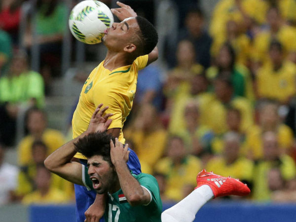 File photo: Brazil's Gabriel Jesus, top, and Iraq's Alaa Ali vie for the ball at Rio Olympics last month File photo: Brazil's Gabriel Jesus, top, and Iraq's Alaa Ali vie for the ball at Rio Olympics last month