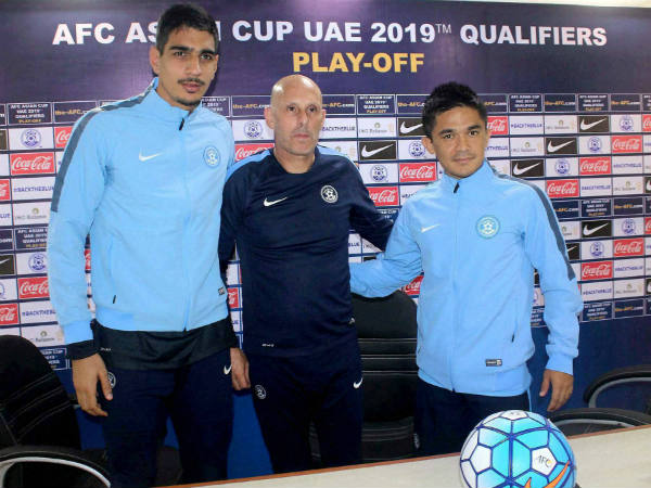 File photo: Indian players Gurpreet Singh Sandhu (left), Sunil Chhetri (right) with coach Stephen Constantine File photo: Indian players Gurpreet Singh Sandhu (left), Sunil Chhetri (right) with coach Stephen Constantine