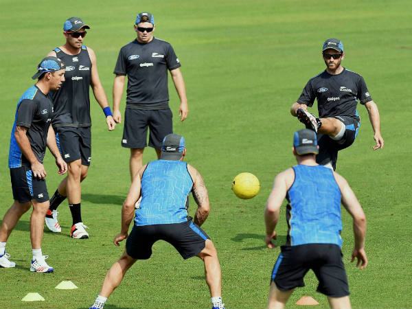 New Zealand captain Ken Williamson kicks a ball during team's practice at the Ferozeshah Kotla Stadium in New Delhi on Wednesday (September 14). New Zealand captain Ken Williamson kicks a ball during team's practice at the Ferozeshah Kotla Stadium in New Delhi on Wednesday (September 14).