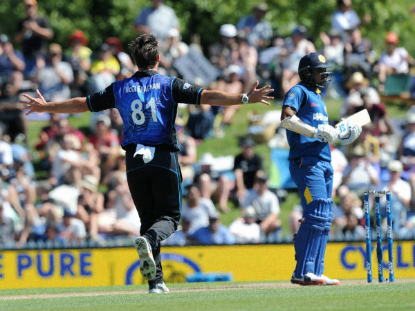 New Zealand’s Mitchell McClenaghan takes the wicket of Sri Lanka’s Danushka Gunathilaka. New Zealand’s Mitchell McClenaghan takes the wicket of Sri Lanka’s Danushka Gunathilaka.