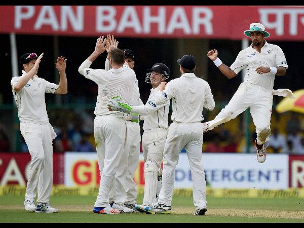 New Zealand players celebrating the wicket of India's Ajinkya Rahane during the first day of first test match at Green Park in Kanpur on Thursday. New Zealand players celebrating the wicket of India's Ajinkya Rahane during the first day of first test match at Green Park in Kanpur on Thursday.