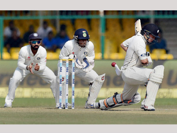 New Zealand's Tom Latham plays a shot during the 3rd Day of first test match against New Zealand at Green Park in Kanpur. New Zealand's Tom Latham plays a shot during the 3rd Day of first test match against New Zealand at Green Park in Kanpur.