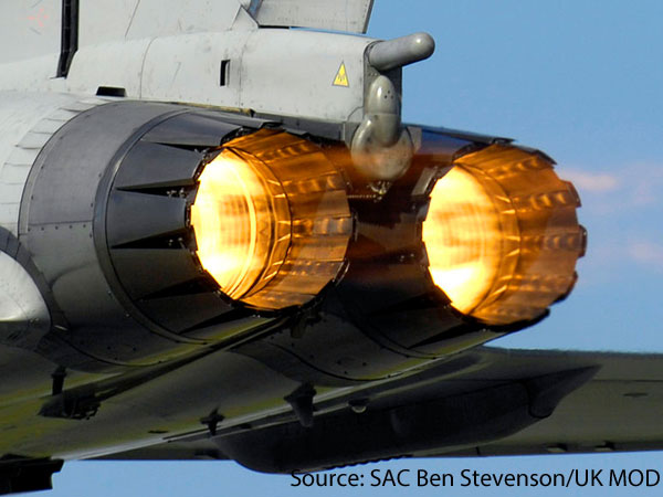 A Typhoon F2 fighter jet from 29 Squadron RAF ignites its afterburners whilst taking off from RAF Coningsby. A Typhoon F2 fighter jet from 29 Squadron RAF ignites its afterburners whilst taking off from RAF Coningsby.