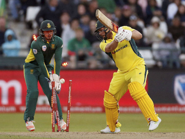 Australia’s Aaron Finch, right, loses his wicket during their 5th One Day International, against South Africa in Cape Town, South Africa Australia’s Aaron Finch, right, loses his wicket during their 5th One Day International, against South Africa in Cape Town, South Africa