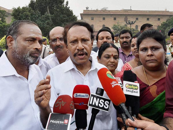 A delegation of AIADMK MPs led by M Thambidurai addresses the media after submitting a memorandum to Prime Minister Narendra Modi to discuss the Cauvery issue at South Block in New Delhi. A delegation of AIADMK MPs led by M Thambidurai addresses the media after submitting a memorandum to Prime Minister Narendra Modi to discuss the Cauvery issue at South Block in New Delhi.