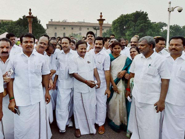 A delegation of AIADMK MPs led by M Thambidurai coming out after submitting a memorandum to Prime Minister Narendra Modi to discuss the Cauvery issue at South Block in New Delhi A delegation of AIADMK MPs led by M Thambidurai coming out after submitting a memorandum to Prime Minister Narendra Modi to discuss the Cauvery issue at South Block in New Delhi