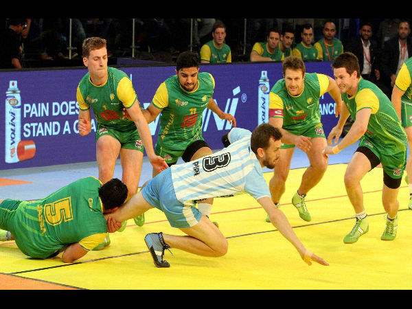 Players of Australia Kabaddi Team try to catch a player of Argentina Kabaddi team during Kabaddi World Cup 2016 in Ahmedabad. Players of Australia Kabaddi Team try to catch a player of Argentina Kabaddi team during Kabaddi World Cup 2016 in Ahmedabad.
