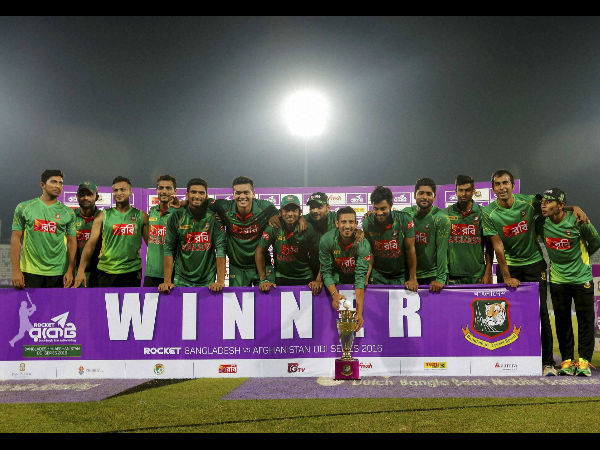 Bangladesh’s players pose with the trophy after winning their series against Afghanistan in Dhaka, Bangladesh, Saturday, Oct. 1, 2016. Bangladesh’s players pose with the trophy after winning their series against Afghanistan in Dhaka, Bangladesh, Saturday, Oct. 1, 2016.