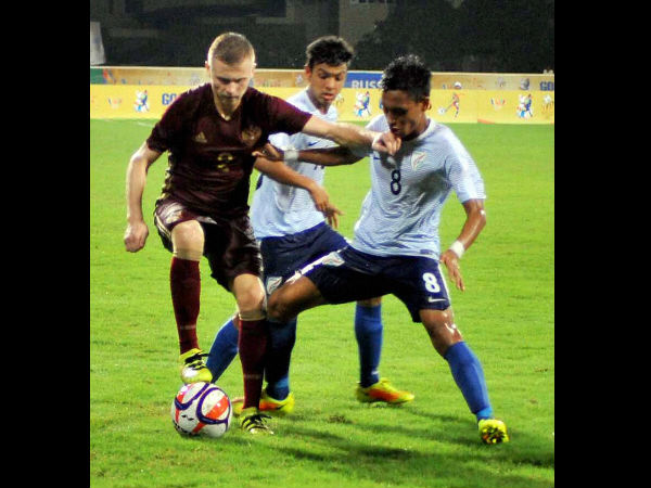 Russian and Indian players in action during their match at the 1st BRICS U17 Football Tournament at Bambolim in Goa Russian and Indian players in action during their match at the 1st BRICS U17 Football Tournament at Bambolim in Goa