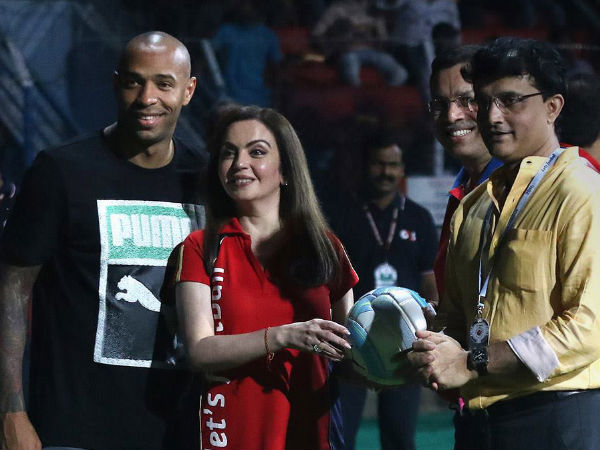 From left: Thierry Henry, Nita Ambani and Sourav Ganguly (Image courtesy: ISL Twitter handle) From left: Thierry Henry, Nita Ambani and Sourav Ganguly (Image courtesy: ISL Twitter handle)