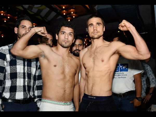 WBC Asian Wealtherweight Champion Neeraj Goyat durig a faceoff with Australian Challenger Benny Kite during a Press Conference in New Delhi on Friday to announce the title fight to be held in India on Friday. WBC Asian Wealtherweight Champion Neeraj Goyat durig a faceoff with Australian Challenger Benny Kite during a Press Conference in New Delhi on Friday to announce the title fight to be held in India on Friday.