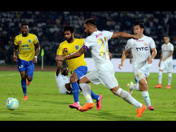 Northeast United FC (in white jersey) and Kerala Blasters FC (in yellow jersey) in action during the opening match of the 3rd season of Indian Super League (ISL) 2016, at Indira Gandhi Athletics Stadium, Sarusajai in Guwahati on Saturday. Northeast United FC (in white jersey) and Kerala Blasters FC (in yellow jersey) in action during the opening match of the 3rd season of Indian Super League (ISL) 2016, at Indira Gandhi Athletics Stadium, Sarusajai in Guwahati on Saturday.