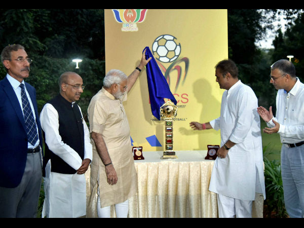 Prime Minister Narendra Modi with Union Sport Minister Vijay Goyal, Praful Patel, President All India Football Federation and others unveils BRICS U-17 Football Tournament – 2016 Trophy in New Delhi on Saturday. Prime Minister Narendra Modi with Union Sport Minister Vijay Goyal, Praful Patel, President All India Football Federation and others unveils BRICS U-17 Football Tournament – 2016 Trophy in New Delhi on Saturday.