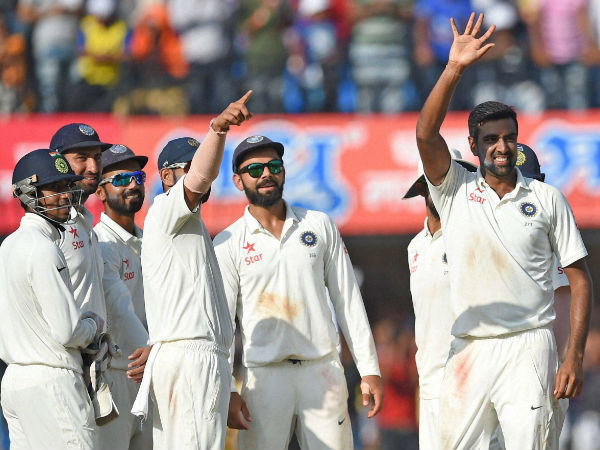 Indian bowler R. Ashiwin celebrates the wicket of New Zealand batsman Jeetan Patel during the third test match in Indore on Tuesday. Indian bowler R. Ashiwin celebrates the wicket of New Zealand batsman Jeetan Patel during the third test match in Indore on Tuesday.