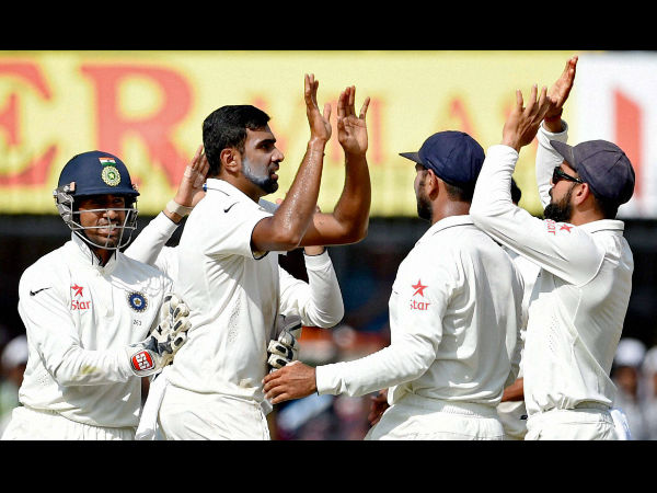 Indian bowler R Ashiwin with teammates celebrates the wicket of New Zealand batsman Ross Taylor during the 4th day of the third test match in Indore on Tuesday. Indian bowler R Ashiwin with teammates celebrates the wicket of New Zealand batsman Ross Taylor during the 4th day of the third test match in Indore on Tuesday.