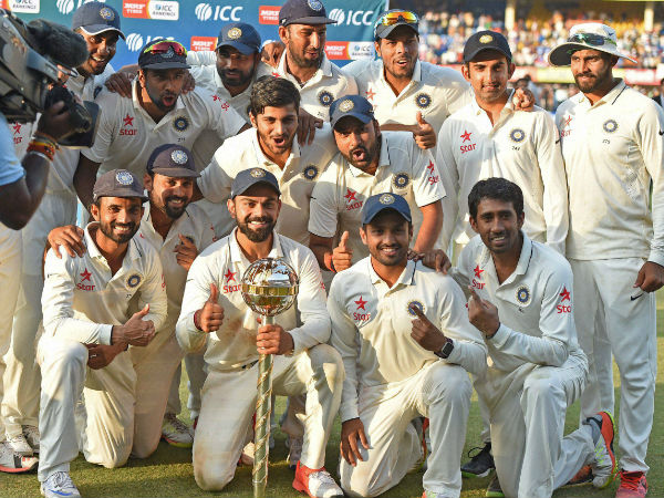 Indian team players pose for a photo with ICC trophy for No.1 test team after winning the test series against New Zealand in Indore on Tuesday. Indian team players pose for a photo with ICC trophy for No.1 test team after winning the test series against New Zealand in Indore on Tuesday.