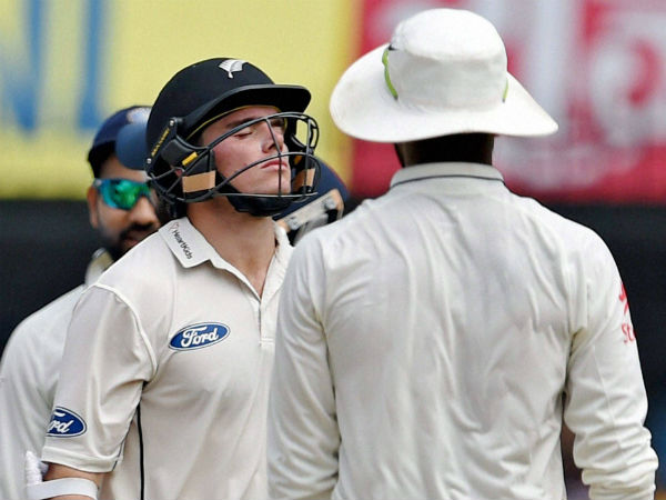 New Zealand batsman Tom Lathom reacts after he was dismissed on the third day of the third test match being played against India in Indore on Monday. New Zealand batsman Tom Lathom reacts after he was dismissed on the third day of the third test match being played against India in Indore on Monday.