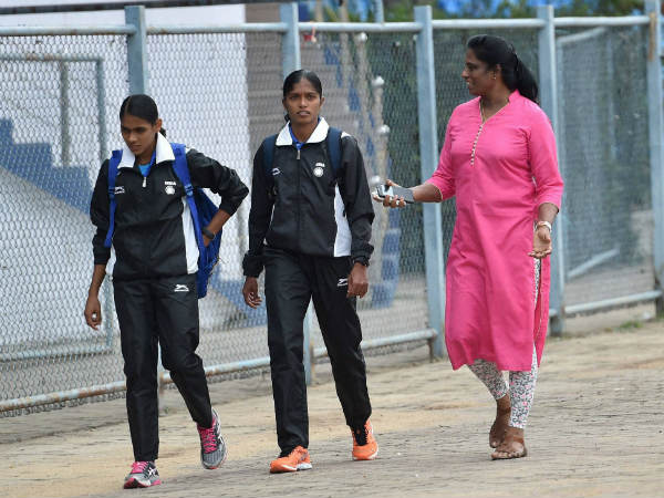 File photo: PT Usha (right) with young athletes in Bengaluru in July this year File photo: PT Usha (right) with young athletes in Bengaluru in July this year