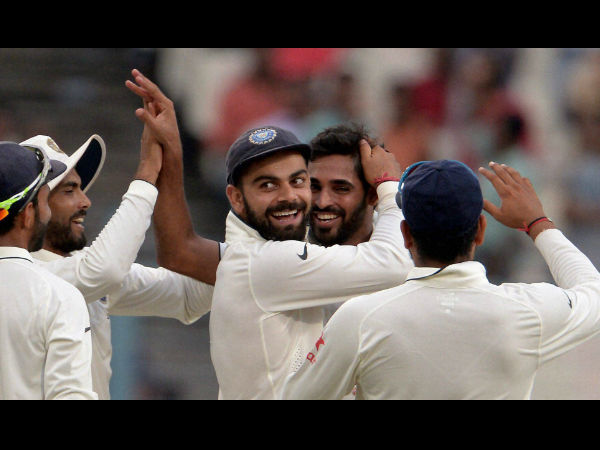 Indian players celebrate a wicket in Kolkata Test Indian players celebrate a wicket in Kolkata Test