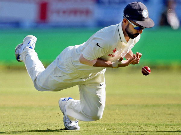 Indian player Ajinkya Rahane drops a catch of England batsman Alastair Cook during day 1 of the first test match in Rajkot on Wednesday. Indian player Ajinkya Rahane drops a catch of England batsman Alastair Cook during day 1 of the first test match in Rajkot on Wednesday.