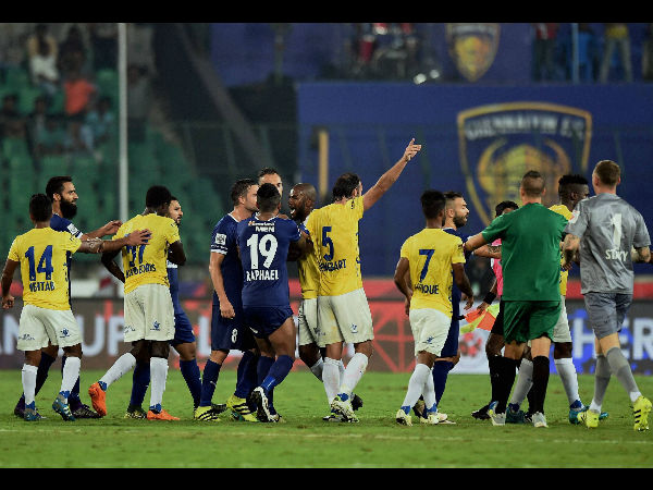 Players of Chennaiyin FC and Kerala Blasters FC clash during their ISL football Match at Jawaharlal Nehru Stadium in Chennai. Players of Chennaiyin FC and Kerala Blasters FC clash during their ISL football Match at Jawaharlal Nehru Stadium in Chennai.