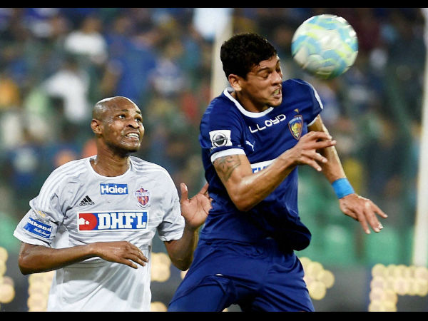 Players of Chennaiyin FC (in blue jersey) and Pune City (in white jersey) vie for the ball during their Indian Super League (ISL) match at Jawaharlal Nehru Stadium in Chennai. Players of Chennaiyin FC (in blue jersey) and Pune City (in white jersey) vie for the ball during their Indian Super League (ISL) match at Jawaharlal Nehru Stadium in Chennai.