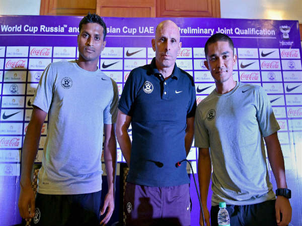 Stephen Constantine (centre) with Arnab Mondal and Sunil Chhetri Stephen Constantine (centre) with Arnab Mondal and Sunil Chhetri