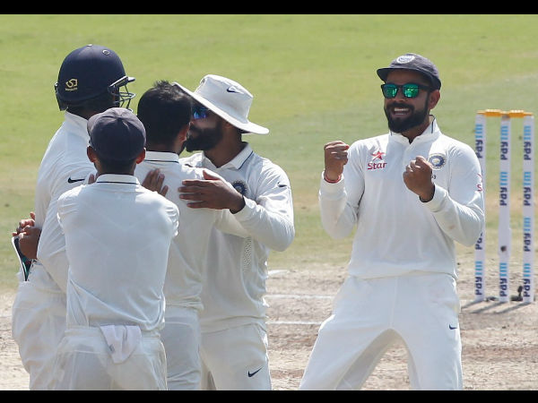 Indian players celebrate their win in the 2nd Test against England in Visakhapatnam Indian players celebrate their win in the 2nd Test against England in Visakhapatnam