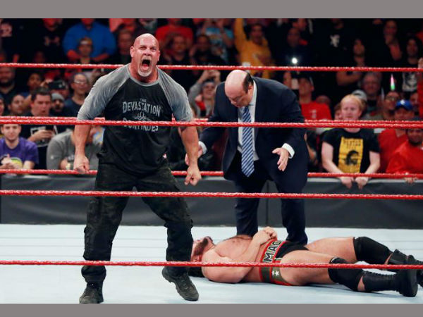 Goldberg victimized Heyman & Rusev (image courtesy WWE.com) Goldberg victimized Heyman & Rusev (image courtesy WWE.com)