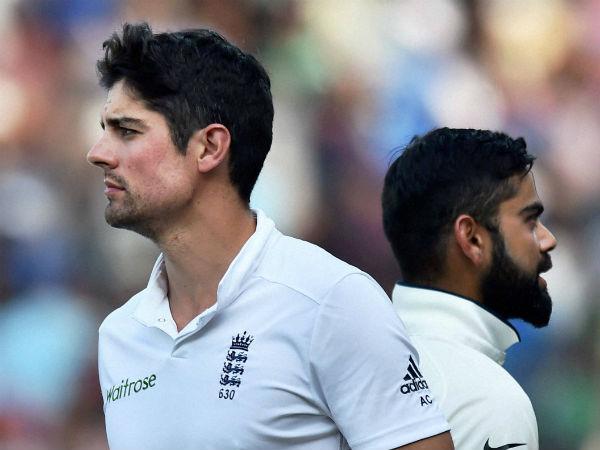 India's captain Virat Kohli and his England counterpart Alastair Cook after their test series at MAC Stadium in Chennai on Tuesday. India's captain Virat Kohli and his England counterpart Alastair Cook after their test series at MAC Stadium in Chennai on Tuesday.