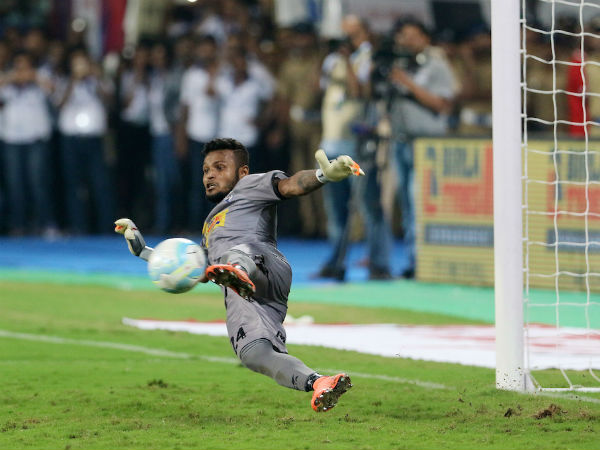 Atletico de Kolkata goalkeeper Debjit Majumder saves a crucial shot during penalty shootout against Kerala Blasters FC in Kochi Atletico de Kolkata goalkeeper Debjit Majumder saves a crucial shot during penalty shootout against Kerala Blasters FC in Kochi