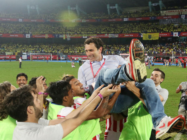 Atletico de Kolkata players celebrate their victory against Kerala Blasters FC with coach Jose Molina Atletico de Kolkata players celebrate their victory against Kerala Blasters FC with coach Jose Molina