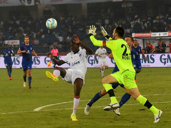 Mumbai City FC and Delhi Dynamos FC (white Jersy) players in action during Hero Indian Super League match in New Delhi. Mumbai City FC and Delhi Dynamos FC (white Jersy) players in action during Hero Indian Super League match in New Delhi.