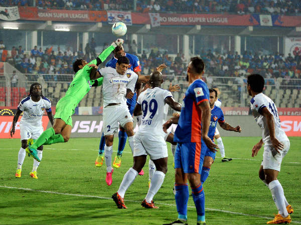 FC Goa and Chennaiyin FC players in action during an ISL match played at Nehru Stadium, Fatorda on Thursday. FC Goa and Chennaiyin FC players in action during an ISL match played at Nehru Stadium, Fatorda on Thursday.