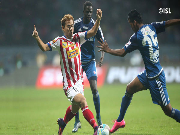 Bidyananda Singh (left) tussles with FC Pune City defenders (Image courtesy: FC Pune City Twitter handle) Bidyananda Singh (left) tussles with FC Pune City defenders (Image courtesy: FC Pune City Twitter handle)