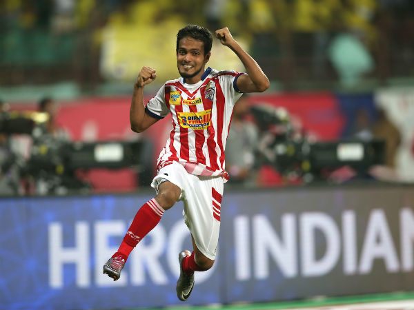 Jewel Raja Shaikh of Atletico de Kolkata celebrates after scoring the winning shot during penalty shootout against Kerala Blasters FC in Kochi. Jewel Raja Shaikh of Atletico de Kolkata celebrates after scoring the winning shot during penalty shootout against Kerala Blasters FC in Kochi.