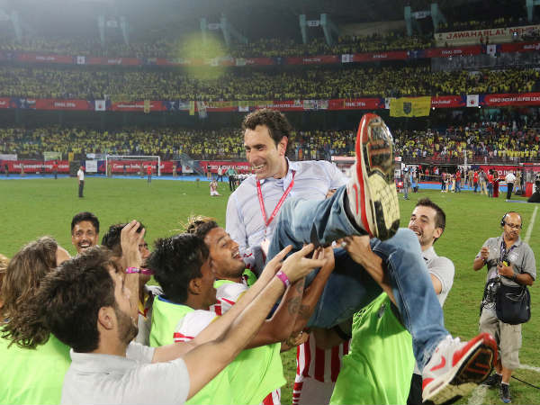 Jose Molina tossed in the air by ATK players (Image courtesy: ISL Twitter handle) Jose Molina tossed in the air by ATK players (Image courtesy: ISL Twitter handle)