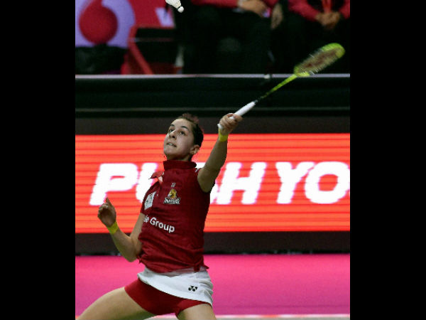 Hyderabad Hunters player Carolina Marin returns a shot Hyderabad Hunters player Carolina Marin returns a shot